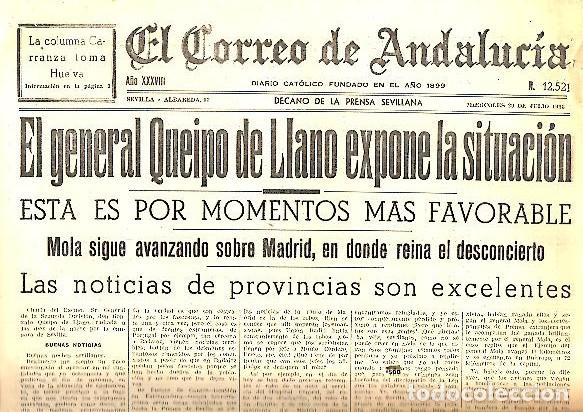 Libros: EL CORREO DE ANDALUCIA. DECANO DE LA PRENSA SEVILLANA. A&Ntilde;O XXXVIII. N. 12521. 29-JULIO-1936. - PERIO