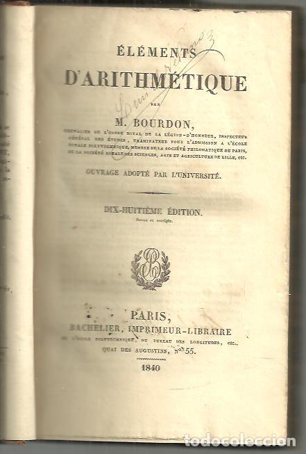 Libros: ELEMENTS DARITHMETIQUE. - BOURDON, M. - Foto 1