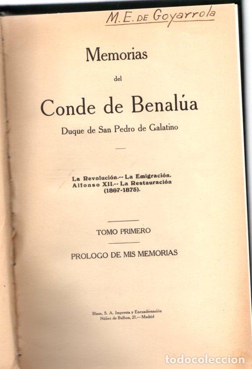 Livros em segunda m&atilde;o: Memorias del conde de Benal&uacute;a. Duque de San Pedro de Galatino (Tomo I) - NO CONSTA AUTOR