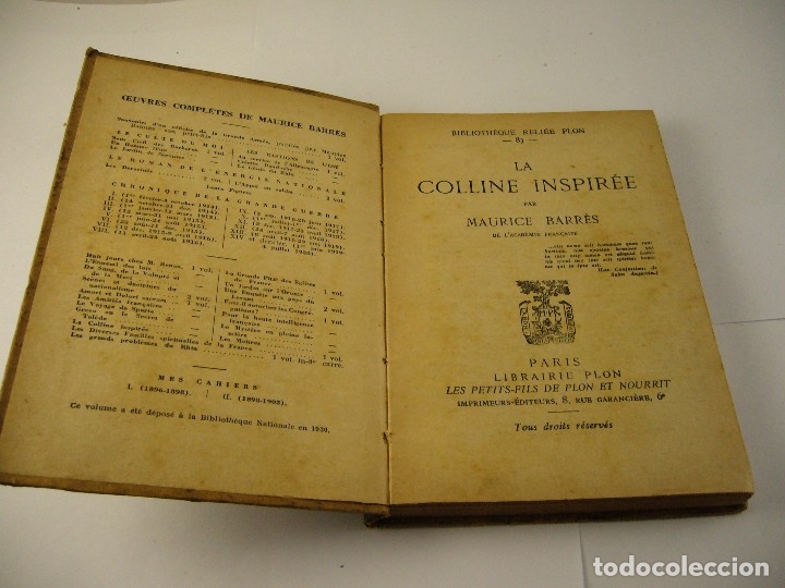 Libros: LA COLLINE INSPIREE . MAURICE BARRES. EN FRANCES. - Foto 2