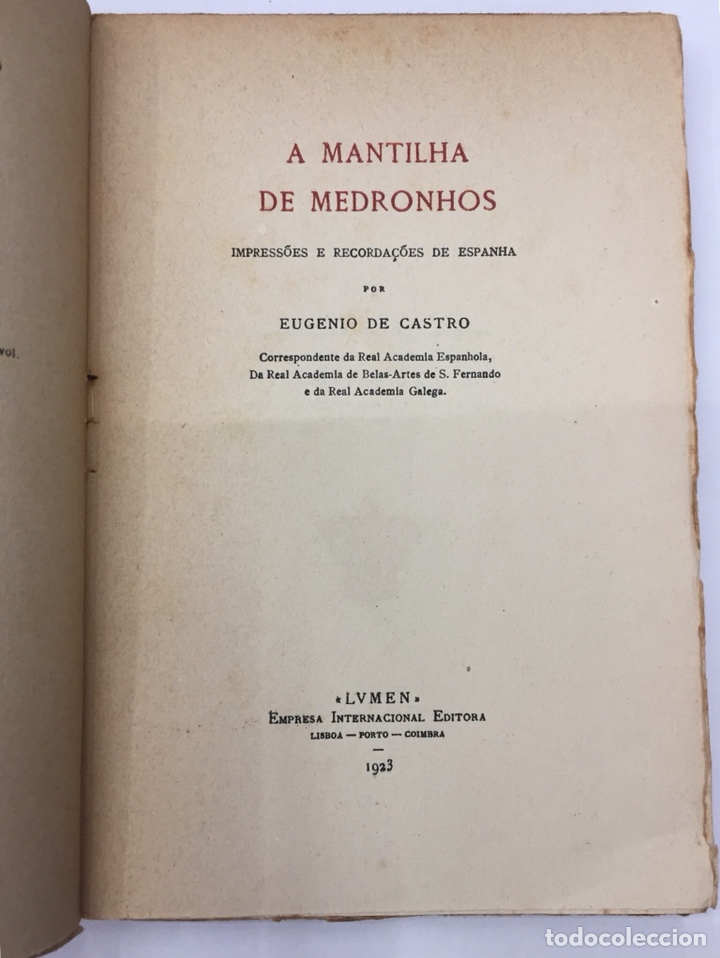 Libros: A MANTILHA DE MEDRONHOS. Impressoes e recorda&ccedil;&oacute;es e Espanha. - CASTRO, Eugenio de. - Foto 3