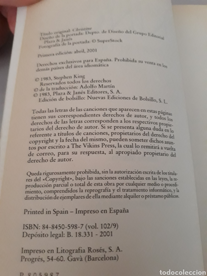 Libros: LIBRO Chistine 1&deg; EDICI&Oacute;N 2001 de Stephen King - Foto 2