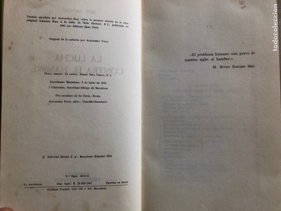 Libros: LA LUCHA CONTRA EL HAMBRE . NO&Euml;L DROGAT. EDITORIAL HERDER 1964. - Foto 2