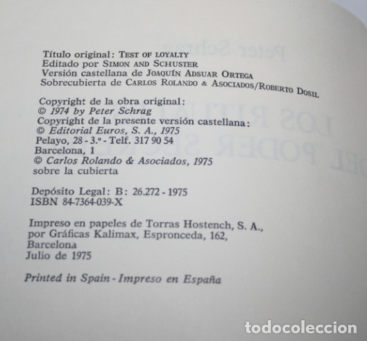 Libros: LOS RITUALES DEL PODER SECRETO, PETER SCHRAG, EUROS 1975, LIBRO - Foto 2