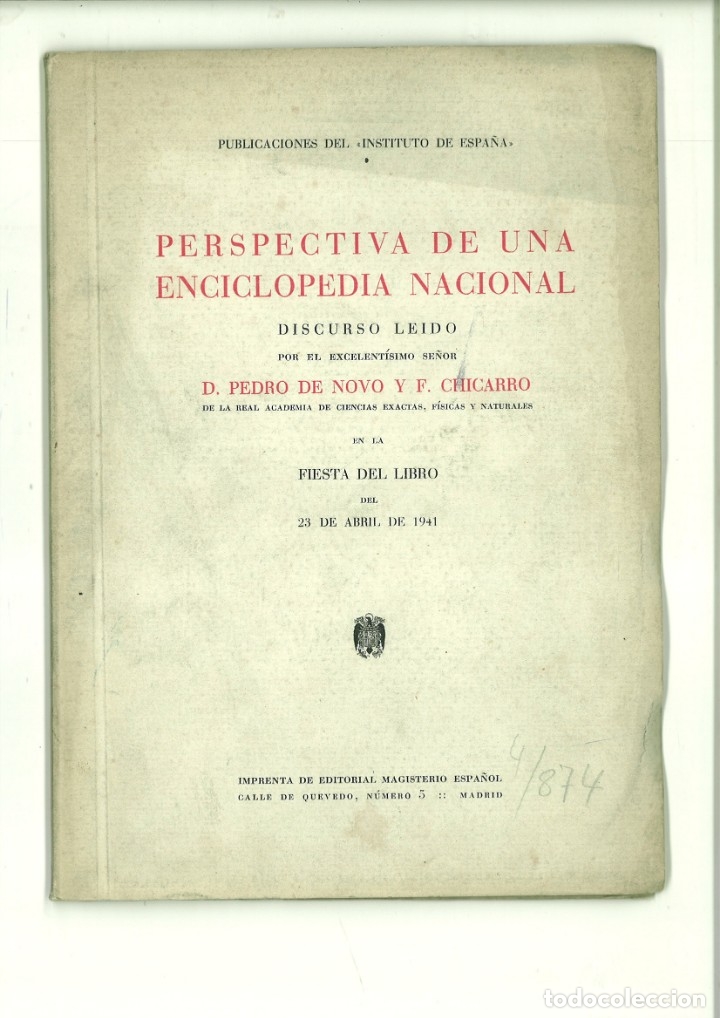 books: PERSPECTIVA DE UNA ENCICLOPEDIA NACIONAL. DISCURSO. Pedro de Novo y F. Chicharro
