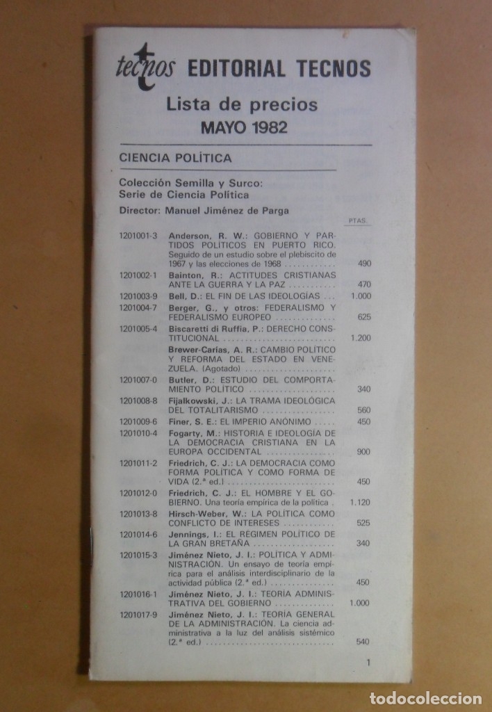Libros: EDITORIAL TECNOS  - LISTA DE PRECIOS  - MAYO 1982 - Foto 1