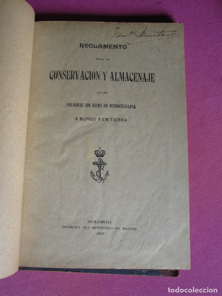 Libri di seconda mano: REGLAMENTO CONSERVACI&Oacute;N P&Oacute;LVORAS SIN HUMO en tierra y a bordo 1907 L4C1