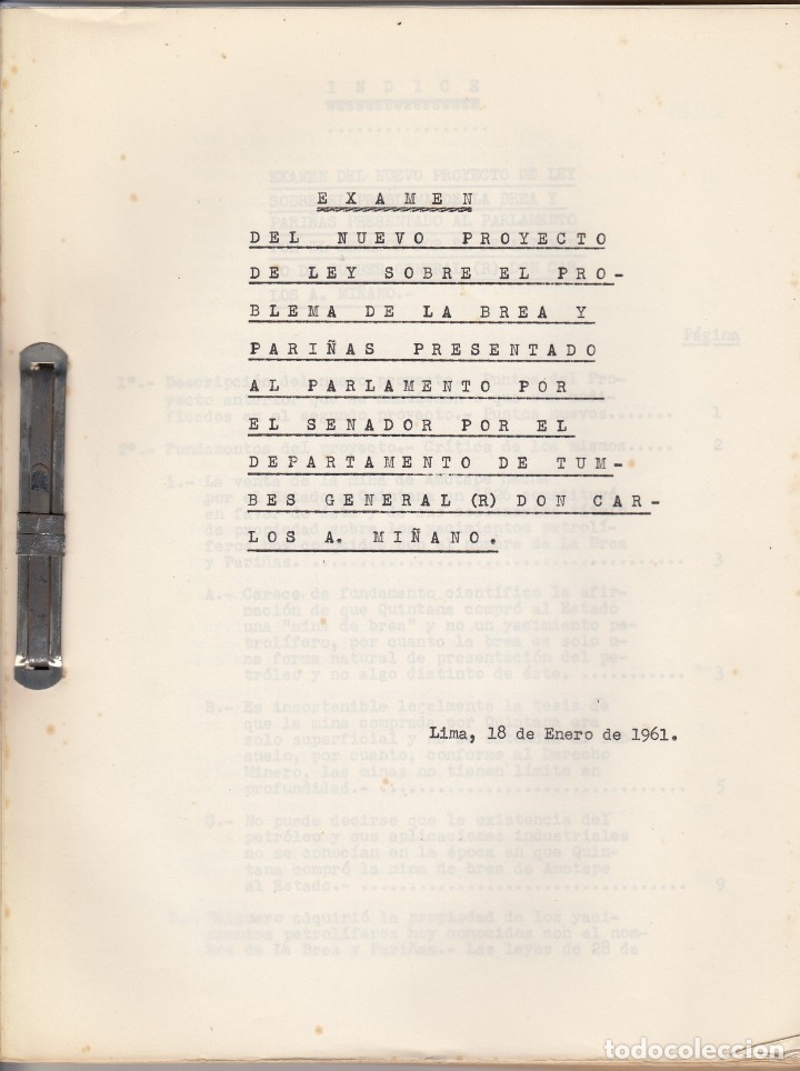 Libros: PROYECTO LEY PROBLEMA DE LA BREA Y PARI&Ntilde;AS PRESENTADO AL PARLAMENTO PER&Uacute; 1961. - AAM - Foto 1