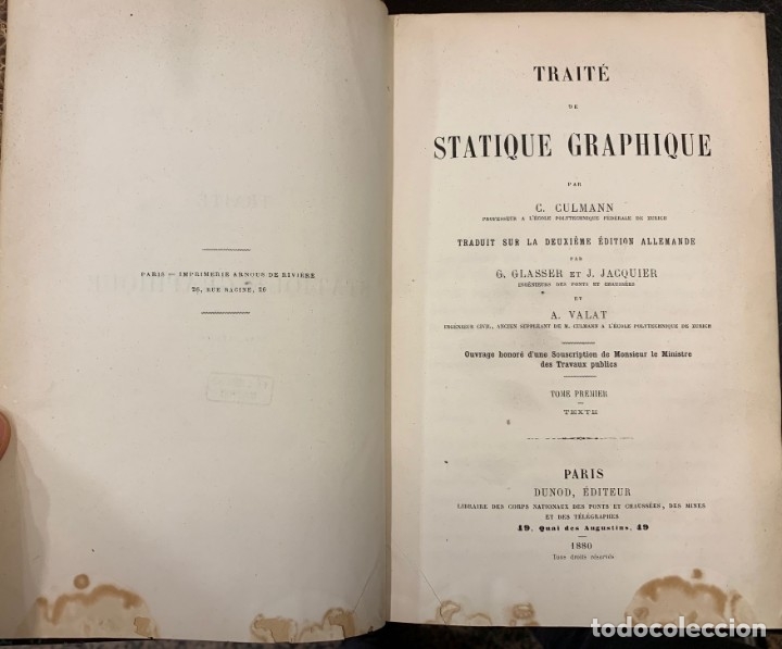 Libros: Trait&eacute; de Statique Graphique. Tome Premier. Texte - C. Culmann - Foto 1