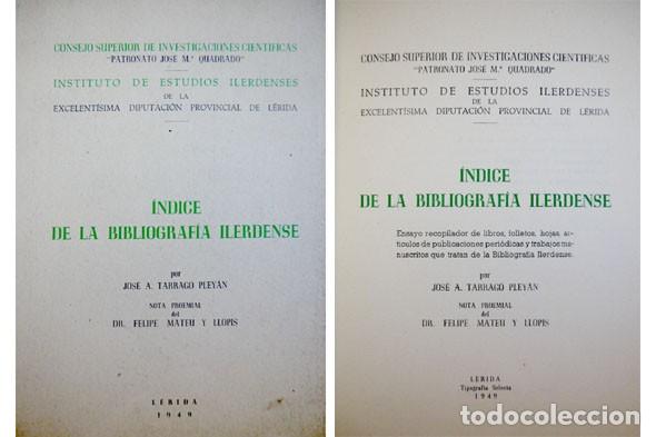 Libros: TARRAG&Oacute; PLEYAN, Jos&eacute; A.  &Iacute;ndice de la Bibliograf&iacute;a Ilerdense. 1950. - Foto 1