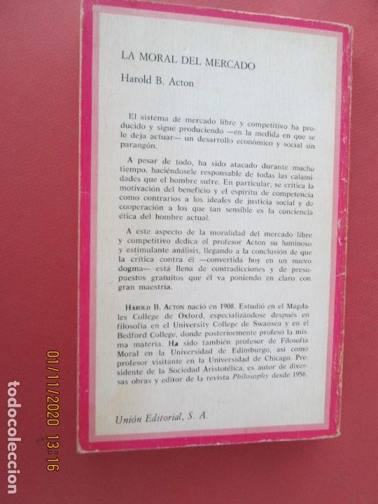 Libros: LA MORAL DEL MERCADO  -  H.B. ACTON - UNI&Oacute;N EDITORIAL 1978. - Foto 2