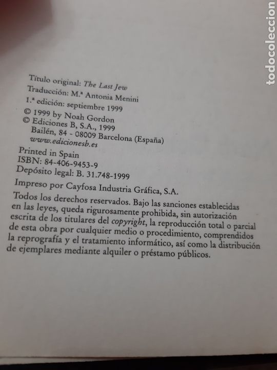 Libros: Libro El &Uacute;ltimo Jud&iacute;o. Noah Gordon. 1&deg; Edici&oacute;n 1.999. - Foto 3