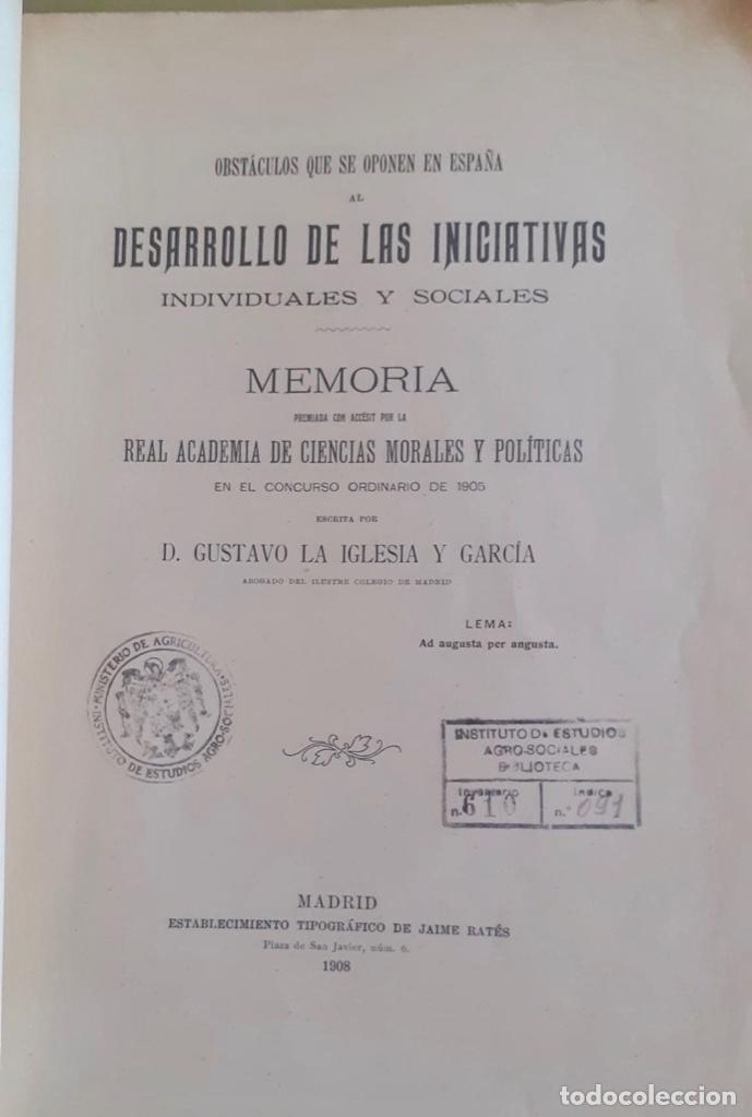 Libros: GUSTAVO LA IGLESIA Y GARCIA- DESARROLLO INICIATIVAS INDIVIDUALES Y SOCIALES- MADRID 1908