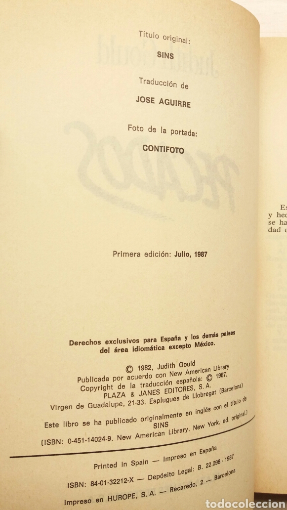 Libros: Pecados. Judith Gould. Plaza y jan&eacute;s, &eacute;xitos, primera edici&oacute;n, 1987. - Foto 5