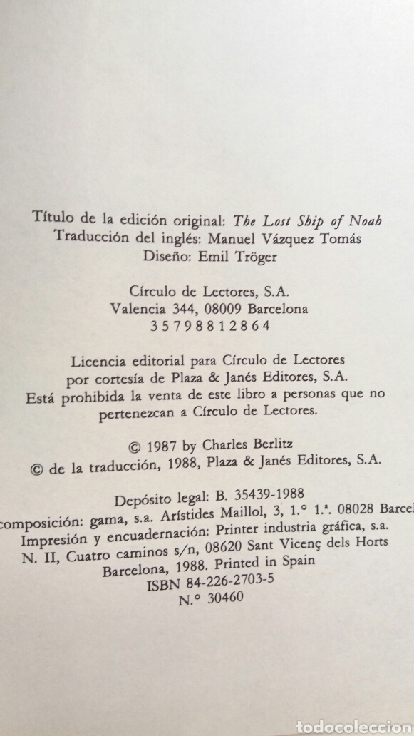 Libros: En busca del arca perdida de No&eacute;. Charles Eberlitz. C&iacute;rculo de lectores, 1988. - Foto 2