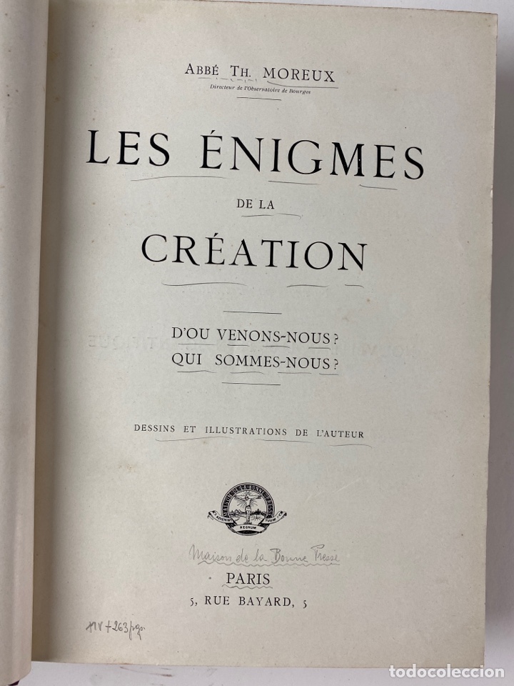 Libros: L-5601. LES ENIGMES DE LA CR&Eacute;ATION, ABB&Eacute; TH.MOREUX. - Foto 3