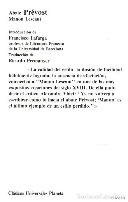 Libros: Manon Lescaut (en espa&ntilde;ol) - Abate Pr&eacute;vost. Introducci&oacute;n de Francisco Lafarga - Foto 2