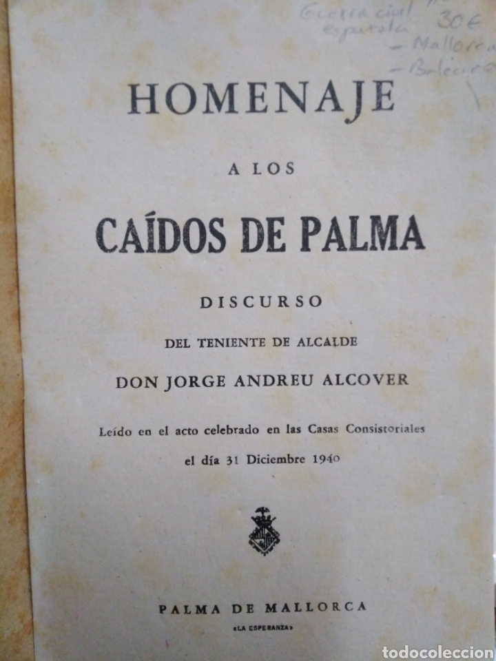 Libros: HOMENAJE A LOS CAIDOS DE PALMA - ANDREU ALCOVER, Jorge. - Foto 2
