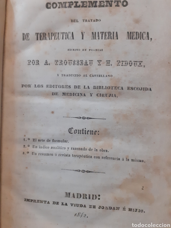 Libros: COMPLEMENTO DEL TRATADO DE TERAPEUTICA Y MATERIA MEDICA - TROUSSEAU, A. y PIDOUX, E.