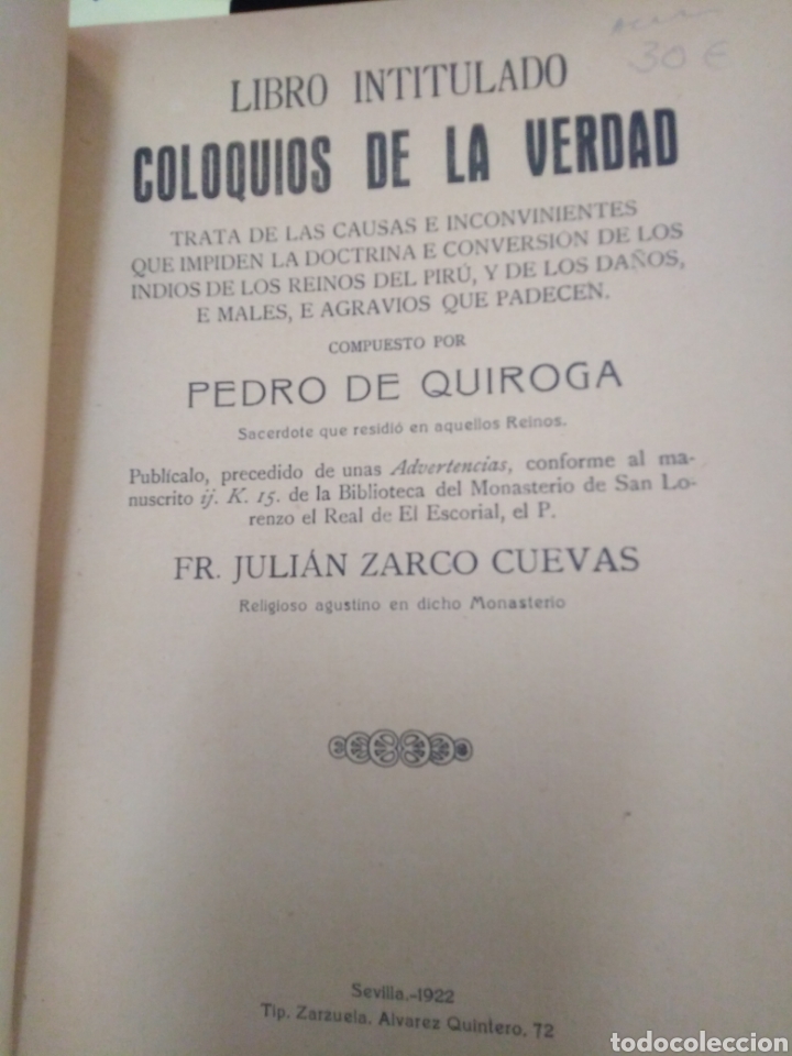 Libros: LIBRO INTITULADO COLOQUIOS DE LA VERDAD - QUIROGA, Pedro de - Foto 2