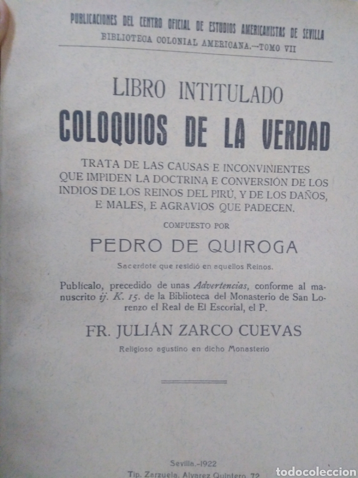 Libros: LIBRO INTITULADO COLOQUIOS DE LA VERDAD - QUIROGA, Pedro de - Foto 1