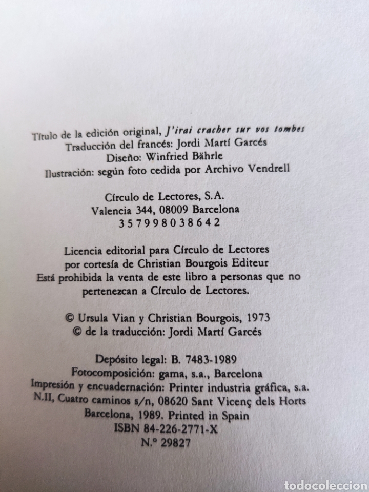 Libros: ESCUPIRE SOBRE VUESTRA TUMBA. Boris Vian - Foto 3