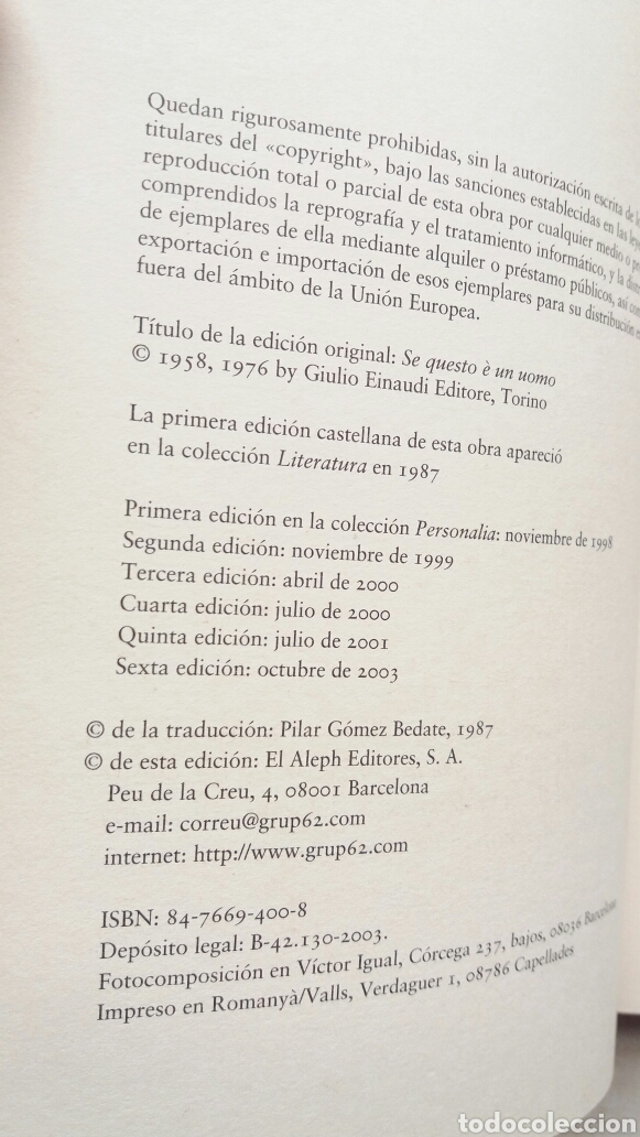 Libros: Si esto es un hombre. Primo Levi. El Aleph, 2003. - Foto 6