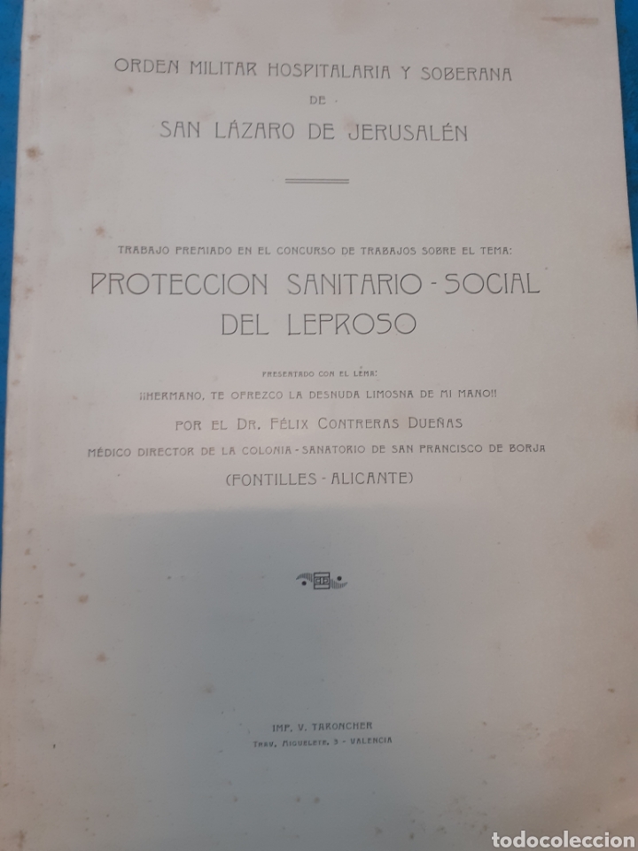 Libros: PROTECCION SANITARIO SOCIAL DEL LEPROSO. Fontilles. Alicante - CONTRERAS DUE&Ntilde;AS,F&eacute;lix.