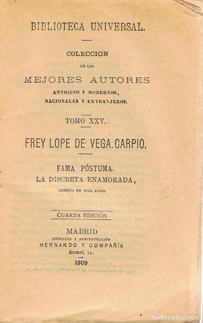 Libros: FAMA P&Oacute;STUMA * LA DISCRETA ENAMORADA - Vega Carpio.  Frey Lope de - Foto 1