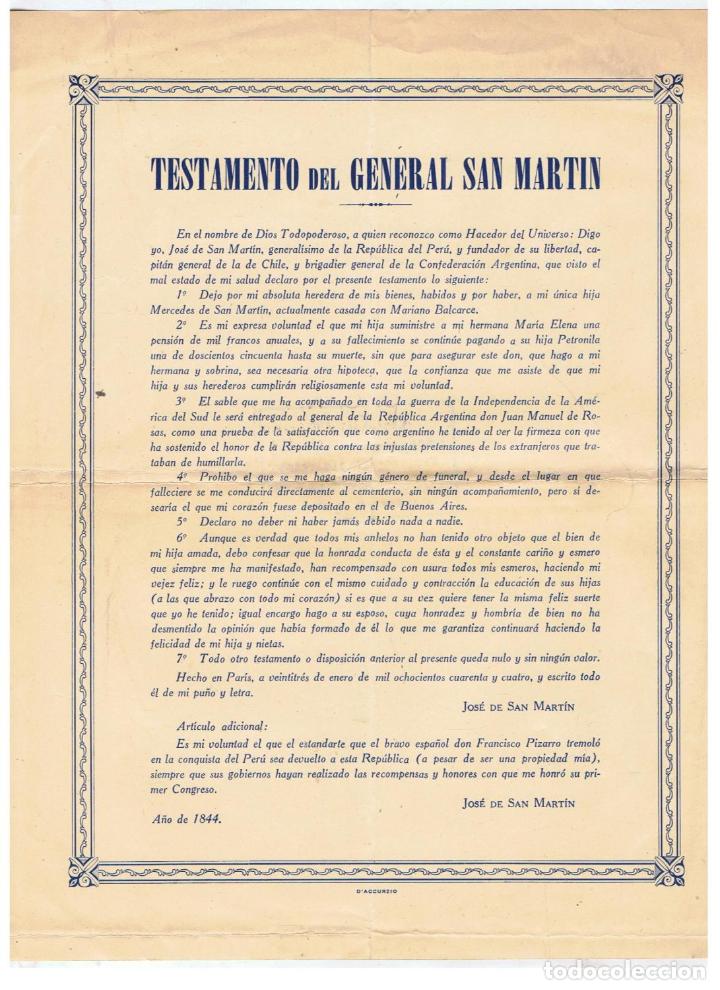 Libros: TESTAMENTO DEL GENERAL SAN MART&Iacute;N - Testamento - Foto 1