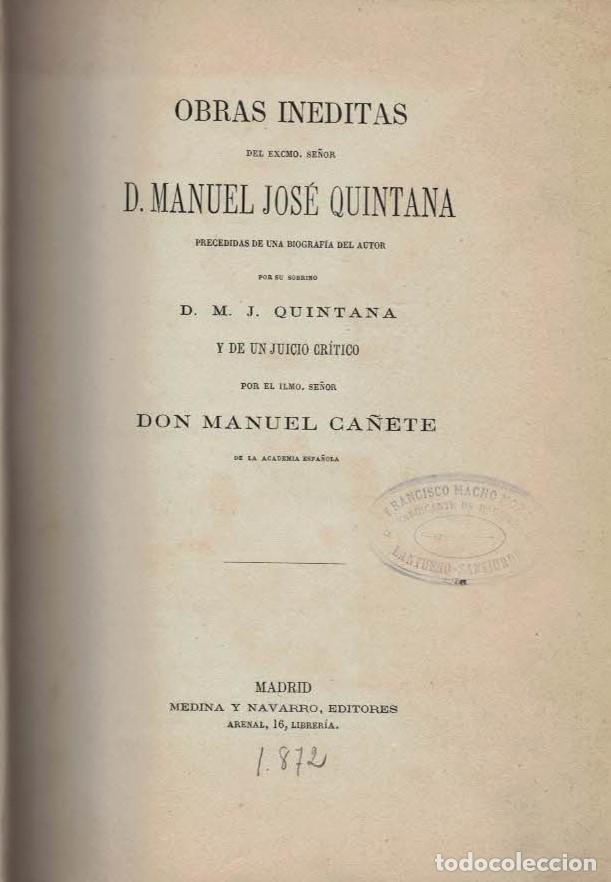 Libros: OBRAS IN&Eacute;DITAS. - Quintana. Manuel Jos&eacute;, - Foto 1