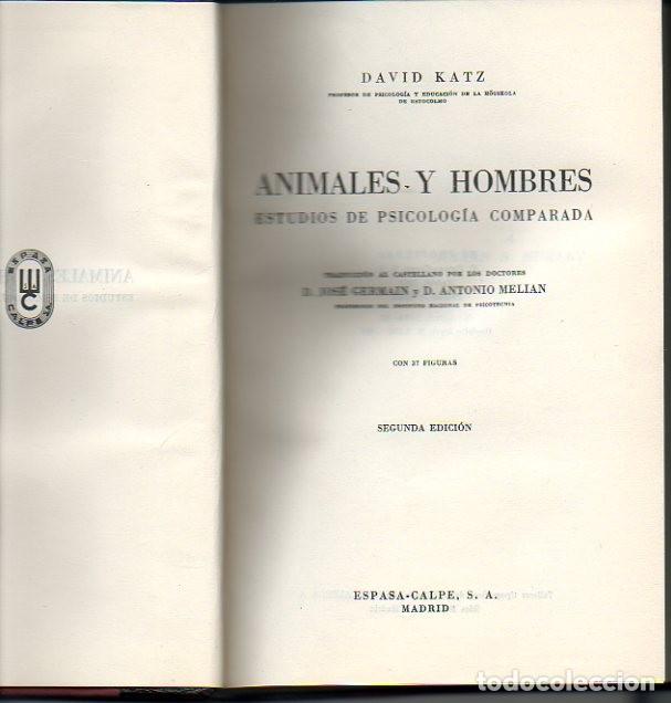Libros: ANIMALES Y HOMBRES. ESTUDIOS DE PSICOLOGIA COMPARADA. - KATZ, David. - Foto 1