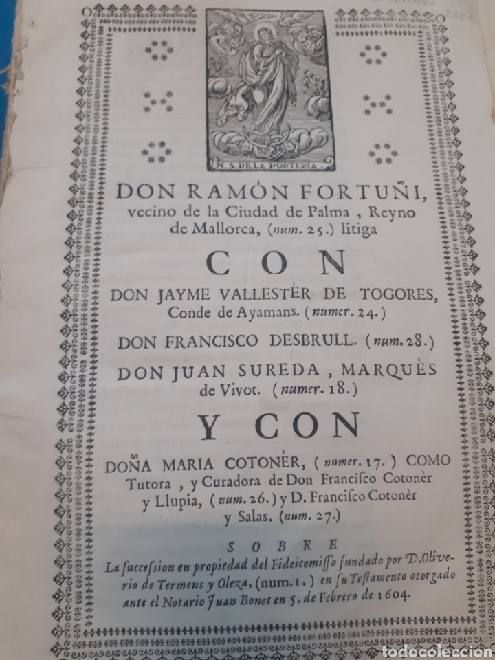 Libri di seconda mano: DON RAMON FORTU&Ntilde;I,VECINO DE LA CIUDAD DE PALMA,REYNO DE MALLORCA,LITIGA con Don Jayme Vallester de T