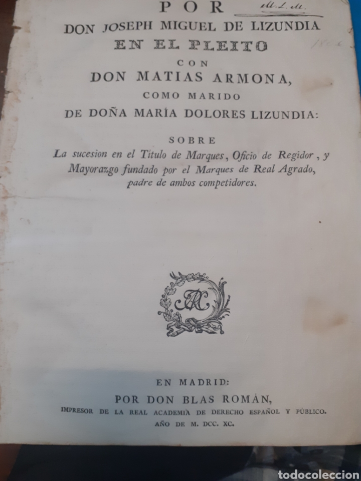 Livros em segunda m&atilde;o: POR DON JOSEPH MIGUEL DE LIZUNDIA EN EL PLEITO CON DON MATIAS ARMONA COMO MARIDO DE DO&Ntilde;A MARIA DOLOR