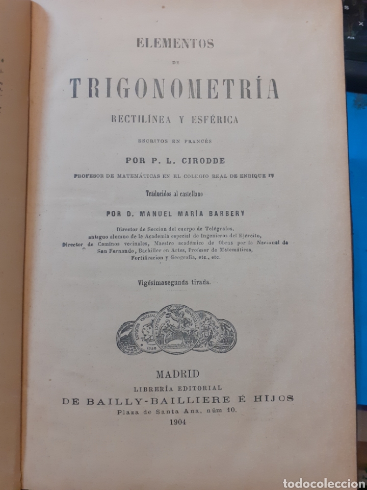 Libros: ELEMENTOS DE TRIGONOMETRIA RECTILINEA Y ESFERICA. A&ntilde;o 1904 - CIRODDE,P.L. - Foto 1