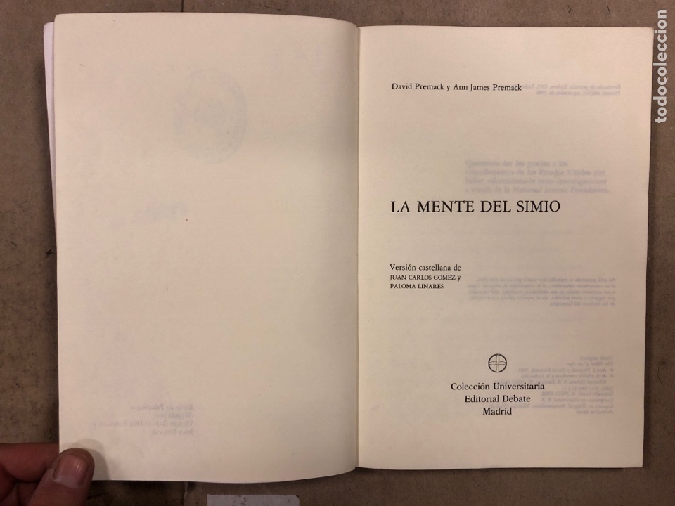 Libros: LA MENTE DEL SIMIO. DAVID PREMACK Y ANN JAMES PREMACK. EDITORIAL DEBATE 1988. - Foto 2
