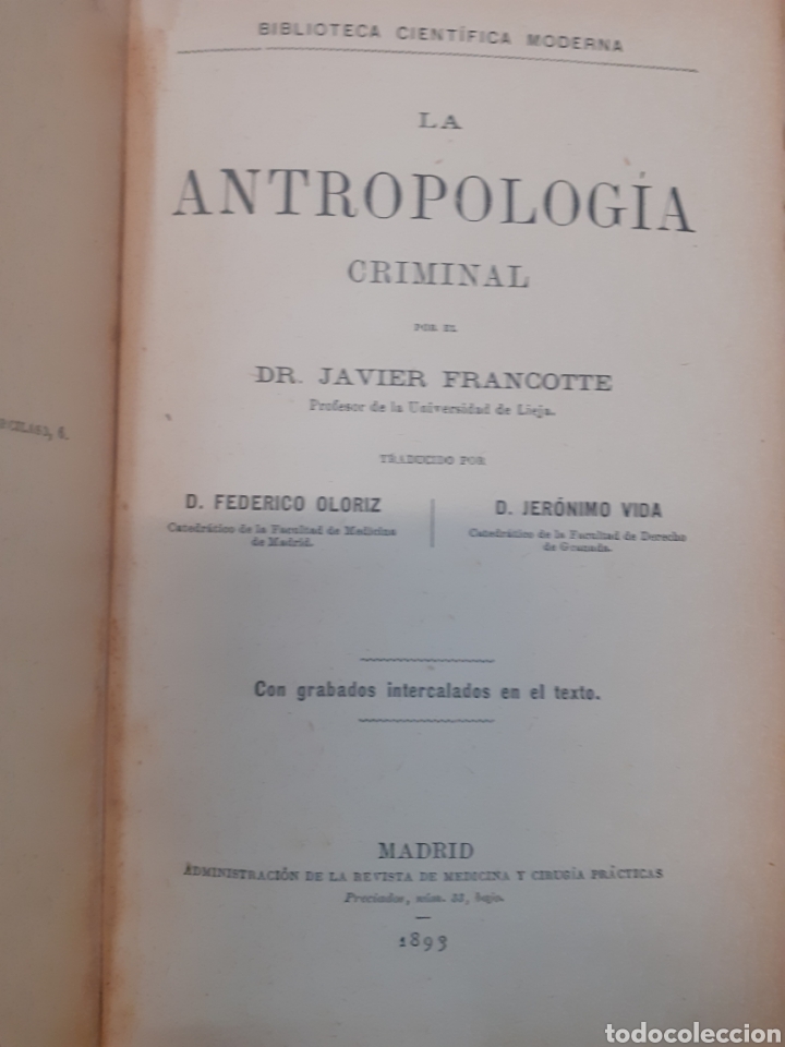 Livres: LA ANTROPOLOGIA CRIMINAL - FRANCOTTE,Javier