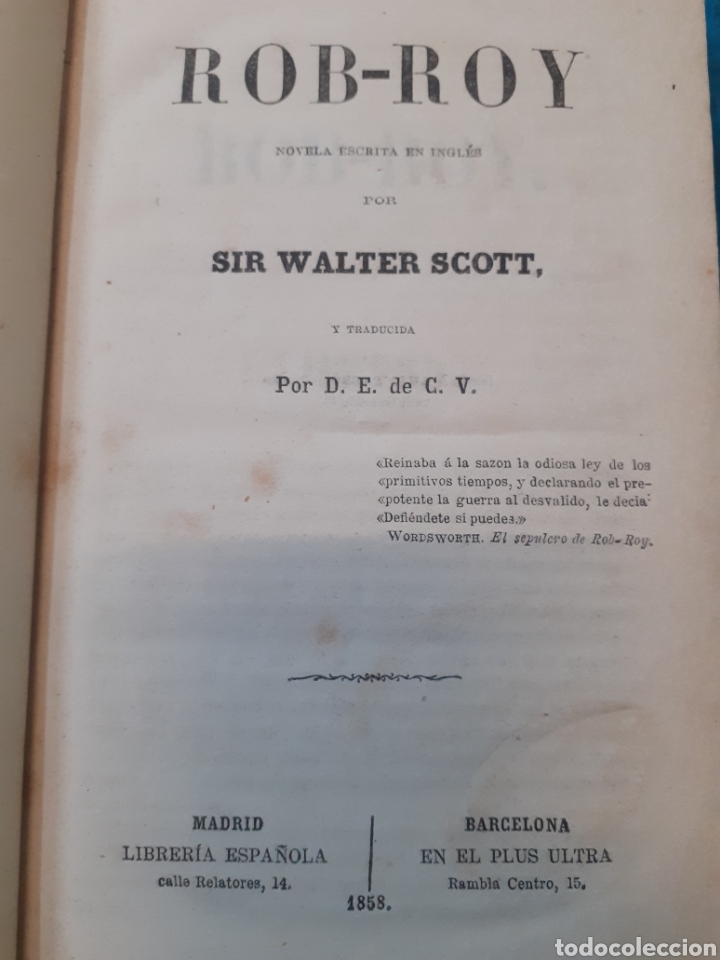 Libros: ROB ROY. 1&ordf; Edici&oacute;n espa&ntilde;ola. A&ntilde;o 1858 - SCOTT,Walter - Foto 1