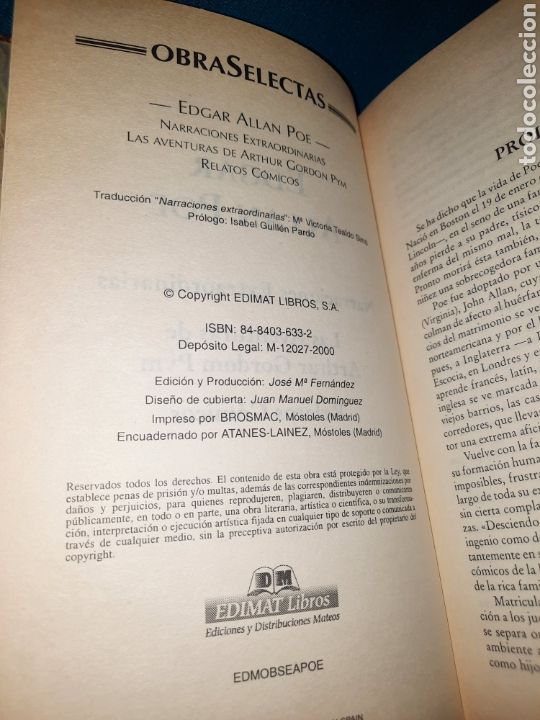 Libros: EDGAR ALLAN POE, OBRAS SELECTAS. EDIMAT LIBROS - Foto 3