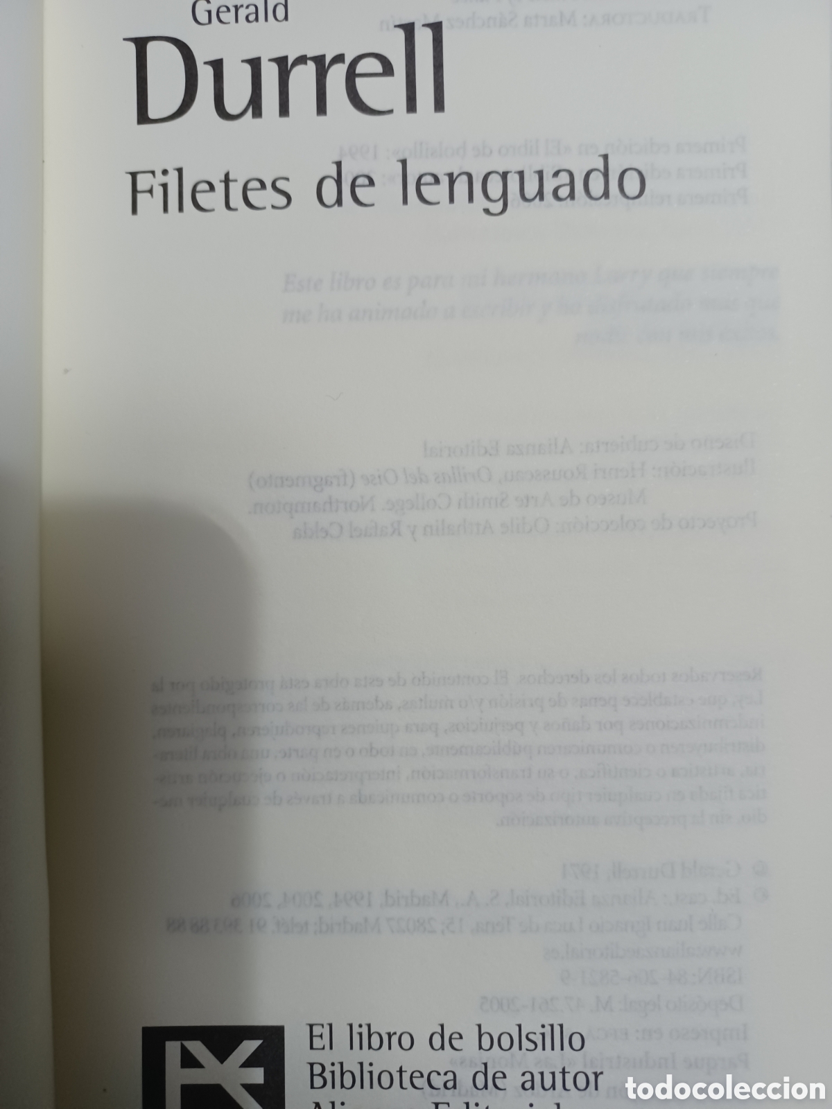 Libros: Barybook 189... Filetes de lenguado Gerald Durrell Alianza Editorial - Foto 3