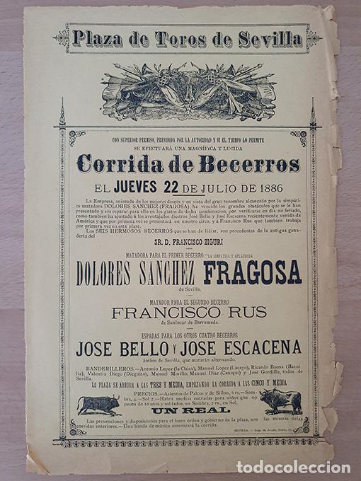Libri di seconda mano: [Cartel]. 1886. Corrida de Becerros Torera DOLORES S&Aacute;NCHEZ `La Fragosa&acute;. Importante y raro cartel.