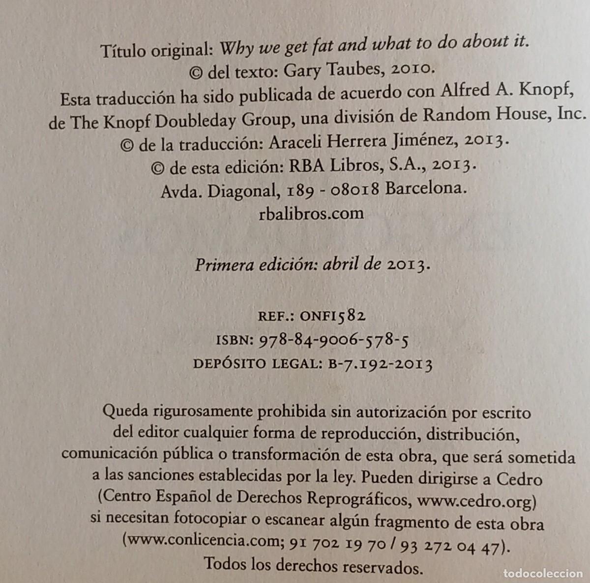 Libros: COMO ENGORDAMOS Y QUE HACER AL RESPECTO, GARY TAUBES - Foto 3