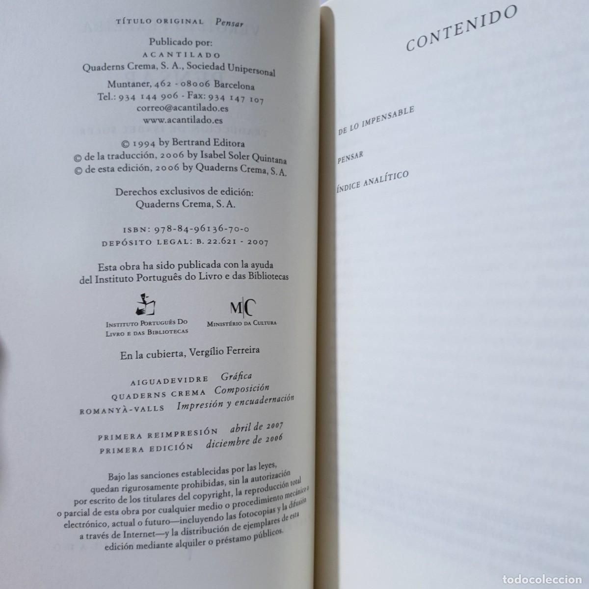 Libros: PENSAR - Verg&iacute;lio Ferreira - Acantilado - Foto 6