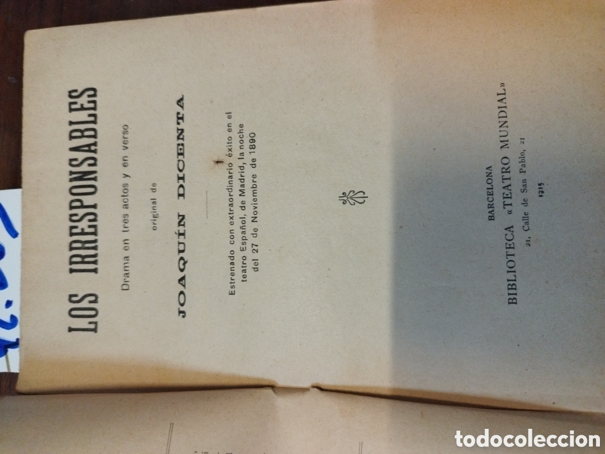 Libros: LOS IRRESPONSABLES. A&ntilde;o 1915 - DICENTA,Joaqu&iacute;n - Foto 3
