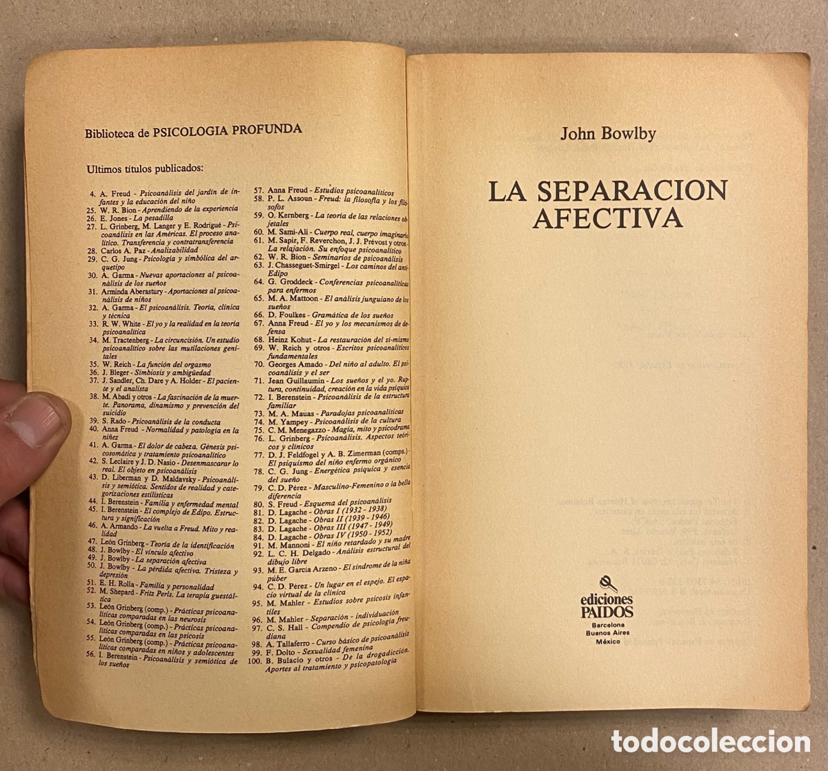 Libros: LA SEPARACI&Oacute;N AFECTIVA. JOHN BOWLBY. EDICIONES PAID&Oacute;S 1985. - Foto 2