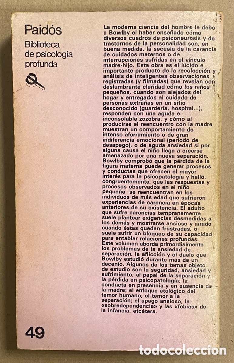 Libros: LA SEPARACI&Oacute;N AFECTIVA. JOHN BOWLBY. EDICIONES PAID&Oacute;S 1985. - Foto 6
