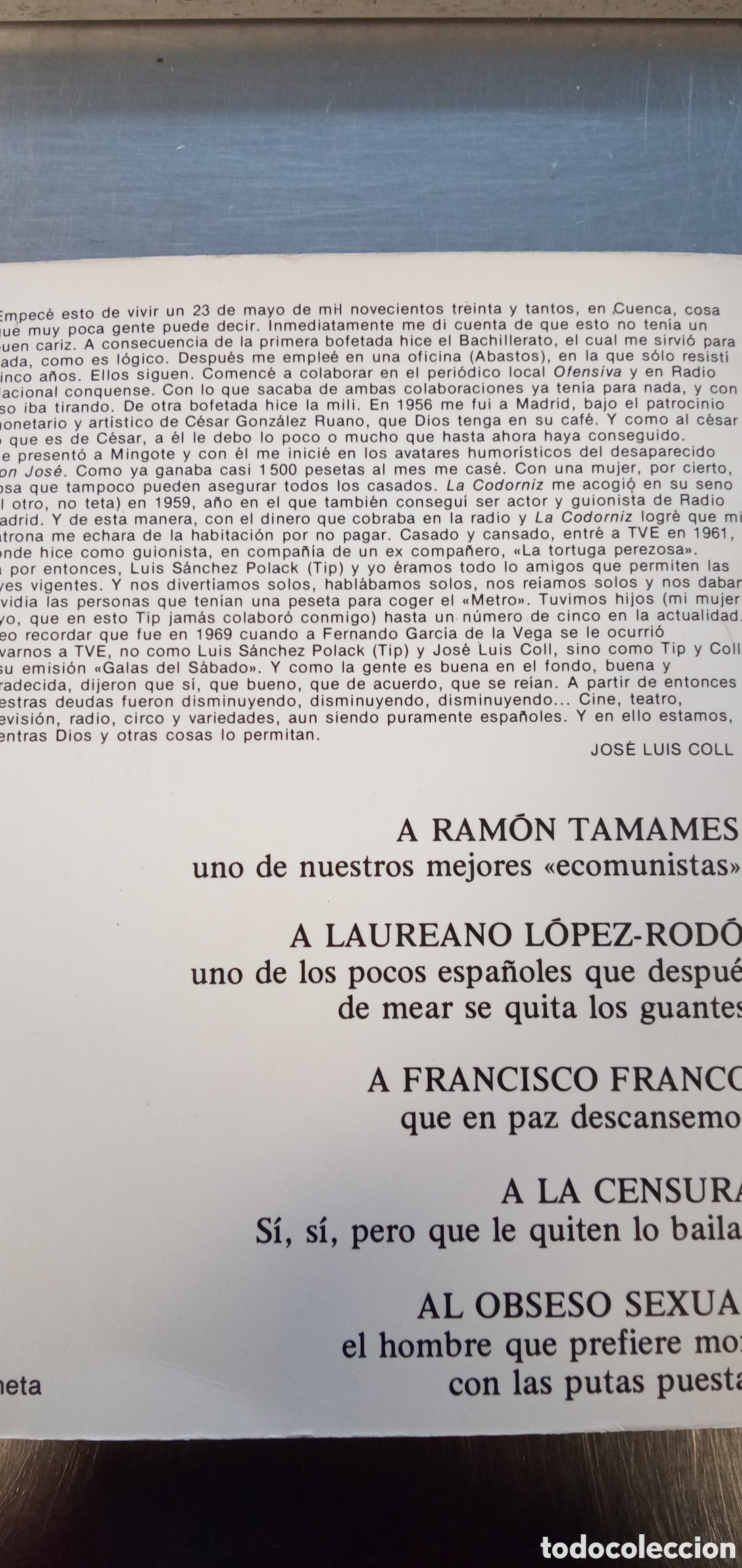 Libros: Las dedicatorias de Coll.Coleccion fabula.Jose Luis Coll.Buen estado - Foto 2