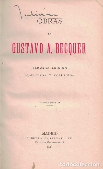 Libros: OBRAS. TOMO II (de 2) - B&eacute;cquer. Gustavo Adolfo, - Foto 1