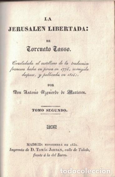 Libros: LA JERUSALEN LIBERTADA. 2 Tomos. - Tasso. Torcuato, - Foto 2