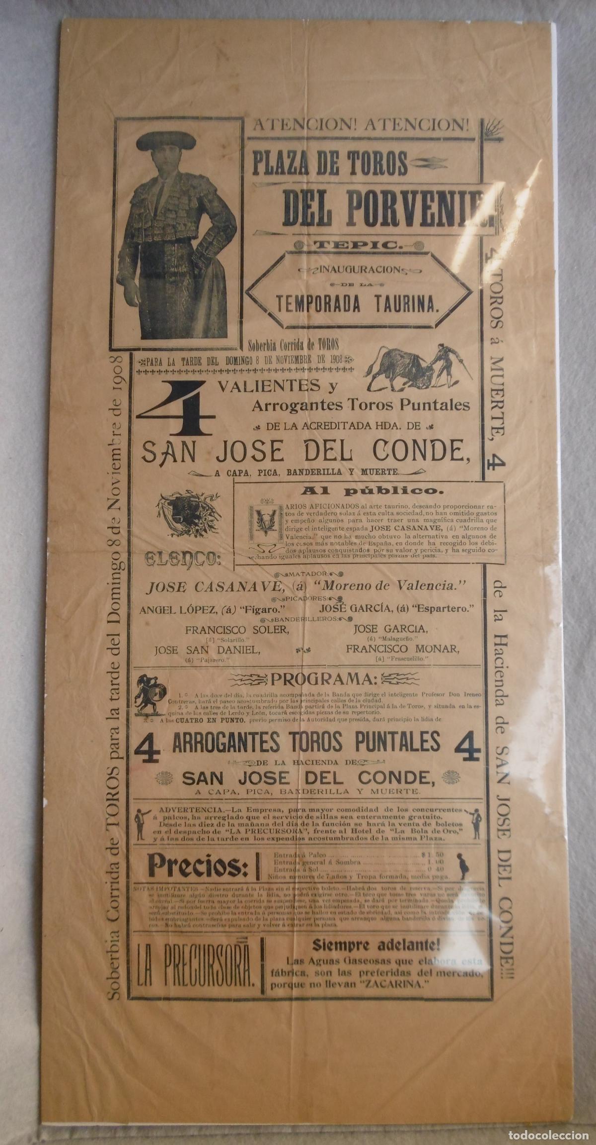 Libri di seconda mano: CARTEL PLAZA DE TOROS EL PORVENIR. 8 de noviembre de 1908. 67,5 x 31,5 cm. Inauguracion de la tempor